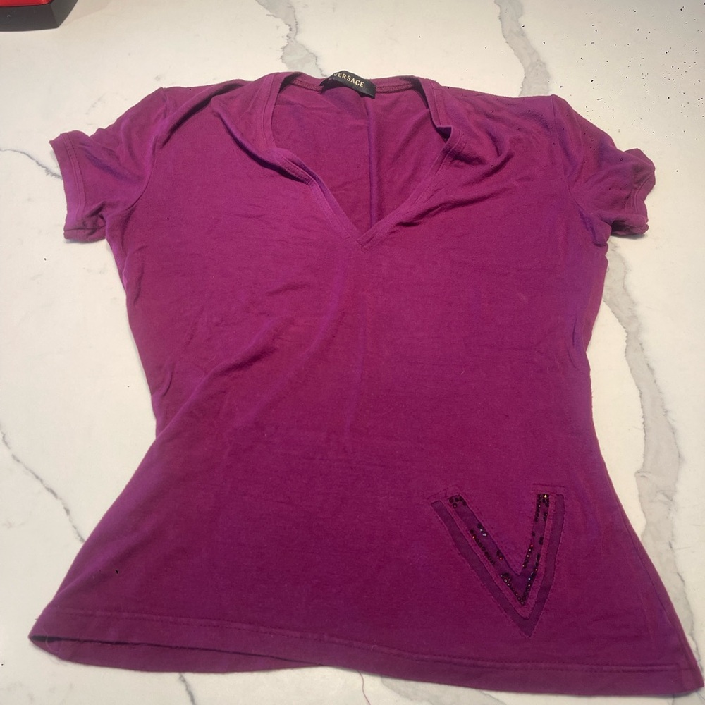 Versace Magenta V-Neck Short Sleeve Top
